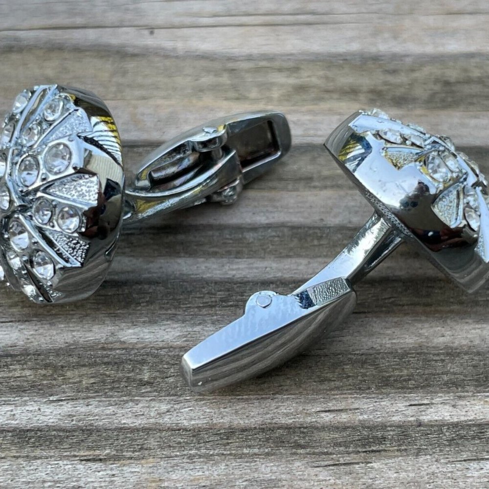 Cuff Links Men Shirt Crystal Accent Studd Cufflink Silver Tone Cuff link - Picture 11 of 12